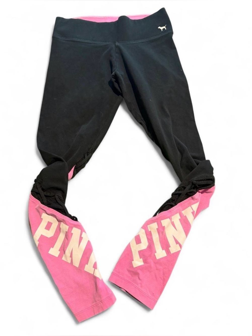 PINK Victoria's Secret Black Leggings with Pink Lower Panels and PINK Logo